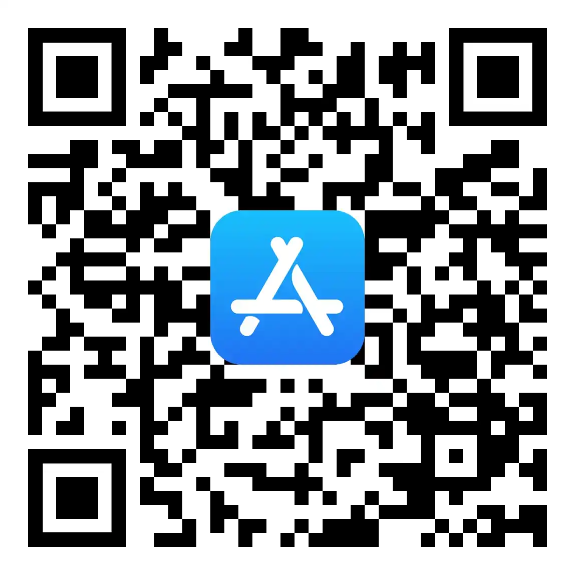 A QR code with a blue square in the center featuring a white icon of crossed tools, resembling the App Store logo. The overall pattern of the QR code consists of typical black and white squares designed to direct users to an online casino.